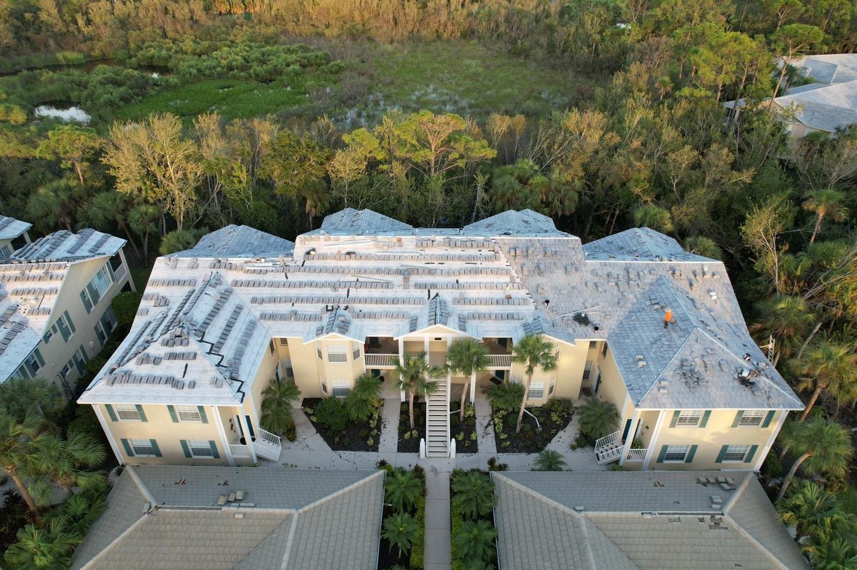 Aerial view of a South Florida commercial roof re-roofing project